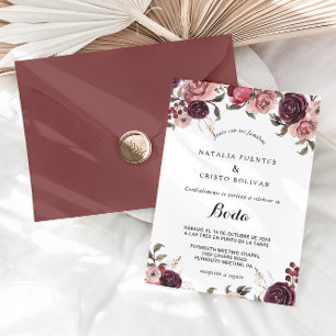 Elegant Burgundy Summer Floral Spain Wedding Kaart