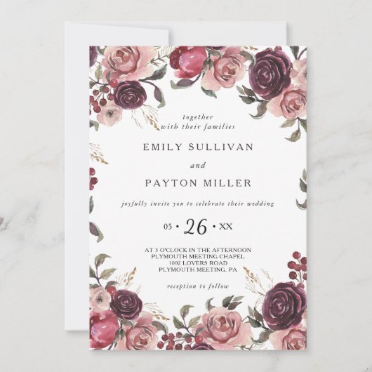 Elegant Burgundy Summer Floral Wedding Kaart (Voorkant)