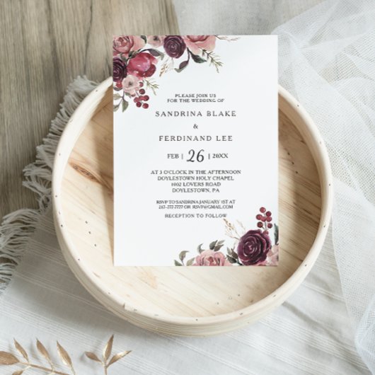 Elegant Burgundy Summer Floral Wedding Kaart