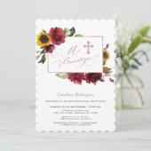 Elegant Burgundy Sunflower Gold Cross Baptisme Kaart (Staand voorkant)