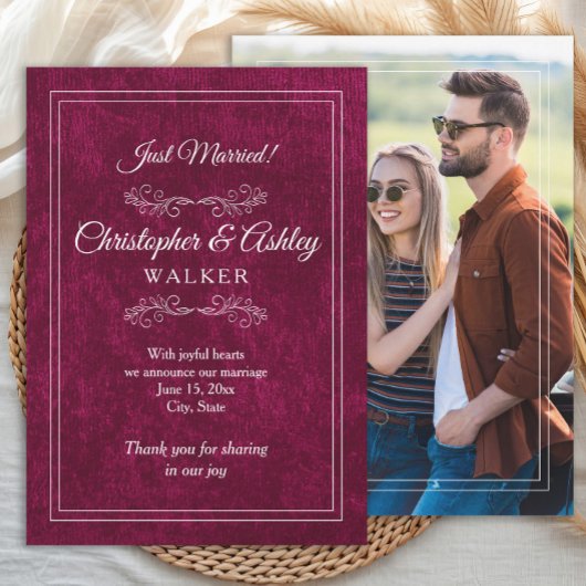 Elegant Burgundy Velvet Wedding Photo Announcement