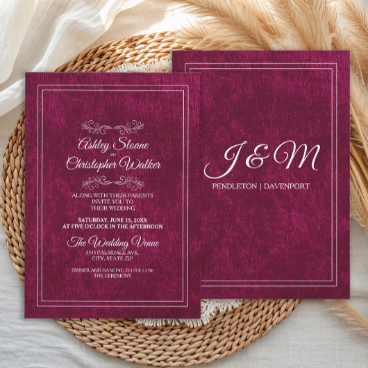 Elegant Burgundy Velvet White Monogram Wedding Kaart