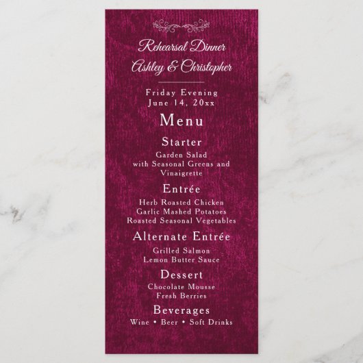Elegant Burgundy Velvet White Rehearsal Dinner Menu (Voorkant)