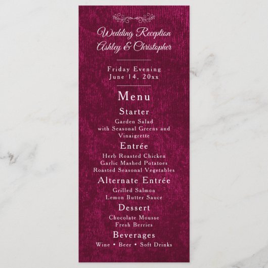 Elegant Burgundy Velvet White Wedding Reception Menu (Voorkant)