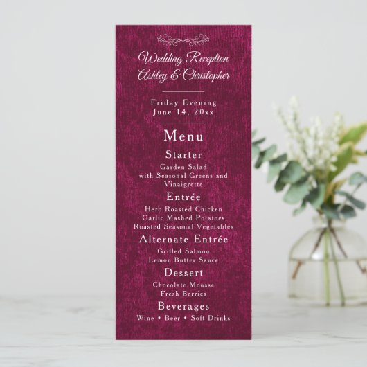 Elegant Burgundy Velvet White Wedding Reception Menu (Staand voorkant)