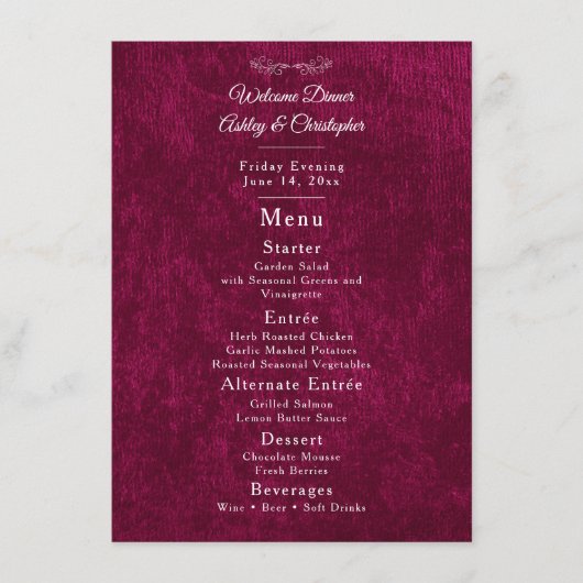 Elegant Burgundy Velvet White Welcome Dinner Menu (Voorkant)