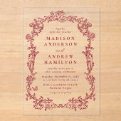 Elegant Burgundy Victorian Floral Frame Wedding Acryl Uitnodigingen (Voorkant)