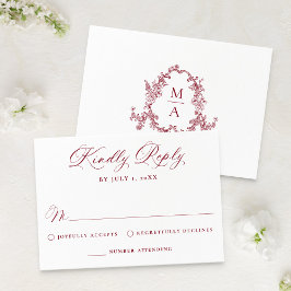 Elegant Burgundy Victorian Floral Wedding RSVP Kaartje