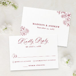 Elegant Burgundy Victorian Floral Wedding RSVP Kaartje