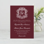 Elegant Burgundy Vintage Crest Monogram Wedding Kaart (Staand voorkant)