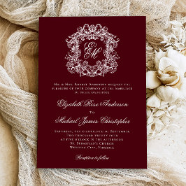 Elegant Burgundy Vintage Crest Monogram Wedding Kaart