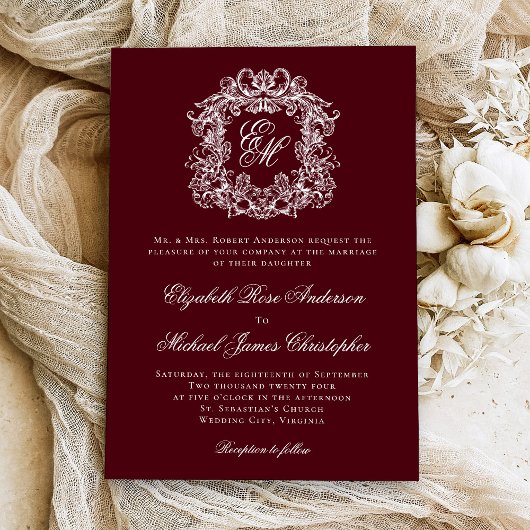 Elegant Burgundy Vintage Crest Monogram Wedding Kaart