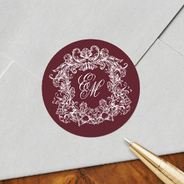 Elegant Burgundy Vintage Monogram Crest Wedding Ronde Sticker