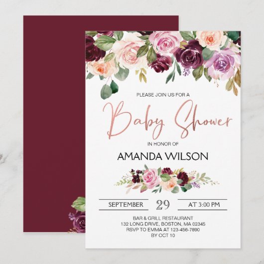 Elegant Burgundy Waterverf Floral Baby shower Kaart (Voorkant / Achterkant)