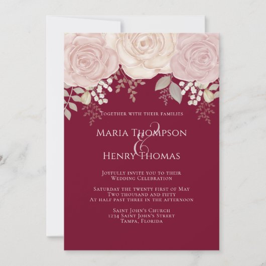 Elegant Burgundy Waterverf Floral Blush Roos Gold Kaart (Voorkant)