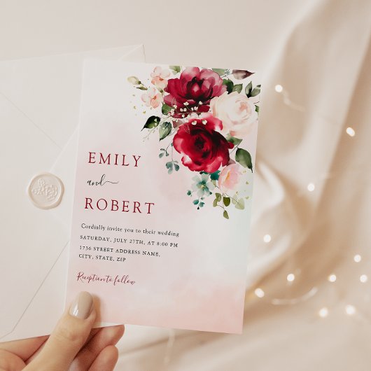 Elegant Burgundy Waterverf Floral Boho Wedding Kaart