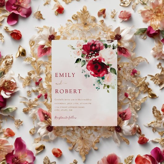 Elegant Burgundy Waterverf Floral Boho Wedding Kaart