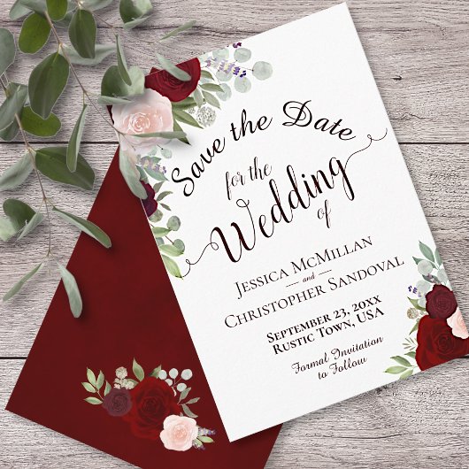 Elegant Burgundy Waterverf Floral Boho Wedding Save The Date