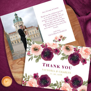 Elegant Burgundy Waterverf Floral Photo Wedding Bedankkaart