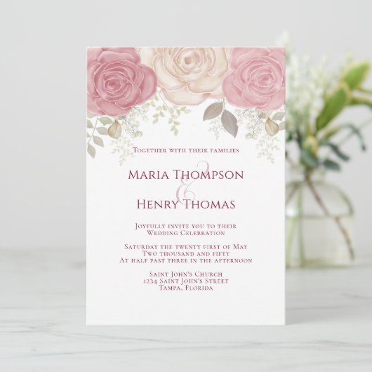 Elegant Burgundy Waterverf Floral Roos Gold Kaart (Staand voorkant)