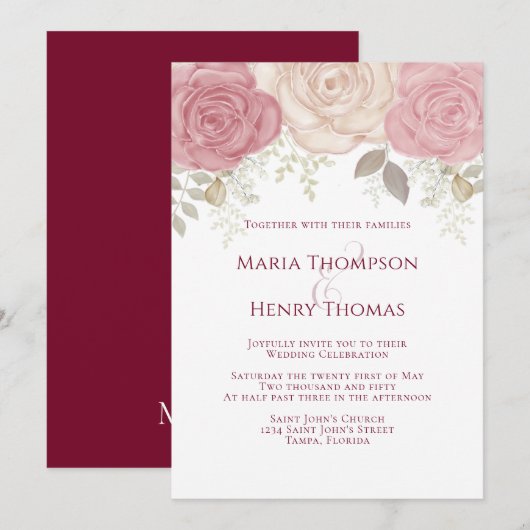 Elegant Burgundy Waterverf Floral Roos Gold Kaart (Voorkant / Achterkant)