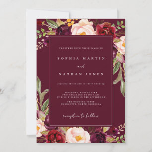 Elegant Burgundy Waterverf Floral Wedding Kaart