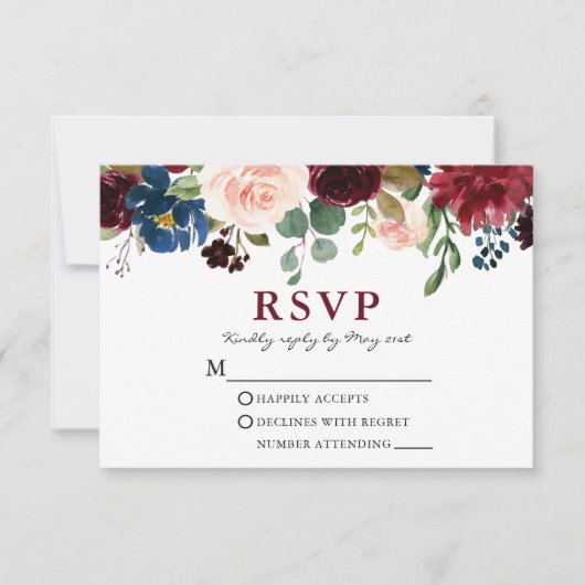 Elegant Burgundy Waterverf Floral Wedding RSVP Kaartje (Voorkant)
