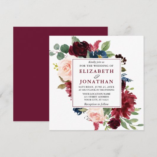 Elegant Burgundy Waterverf Floral Wedding Sq Kaart (Voorkant / Achterkant)