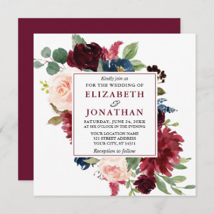 Elegant Burgundy Waterverf Floral Wedding Sq Kaart