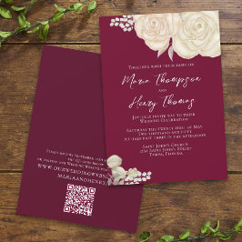 Elegant Burgundy Waterverf Ivory Floral QR Code Kaart