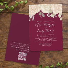 Elegant Burgundy Waterverf Ivory Floral QR Code Kaart