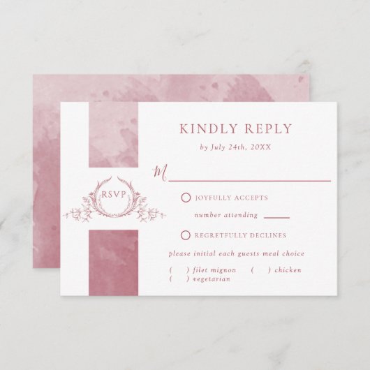 Elegant Burgundy Waterverf Wedding Monogram RSVP (Voorkant / Achterkant)