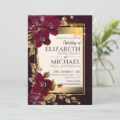 Elegant Burgundy Wedding Orchid Blooms Gold Leaves Kaart (Staand voorkant)