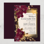 Elegant Burgundy Wedding Orchid Blooms Gold Leaves Kaart (Voorkant / Achterkant)