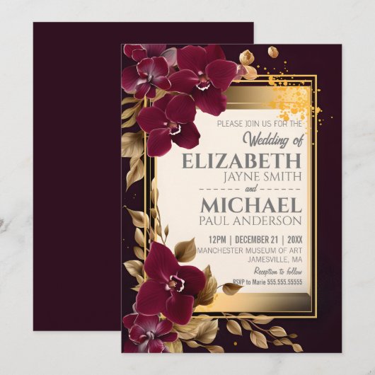 Elegant Burgundy Wedding Orchid Blooms Gold Leaves Kaart (Voorkant / Achterkant)
