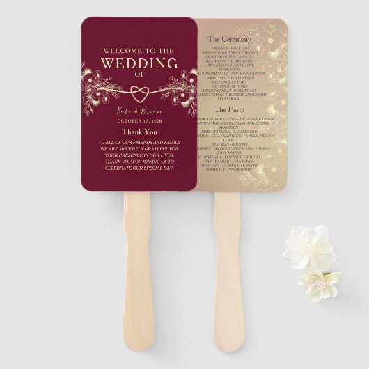 Elegant Burgundy Wedding Program Hand Fan Handwaaier (Voorkant en achterkant)