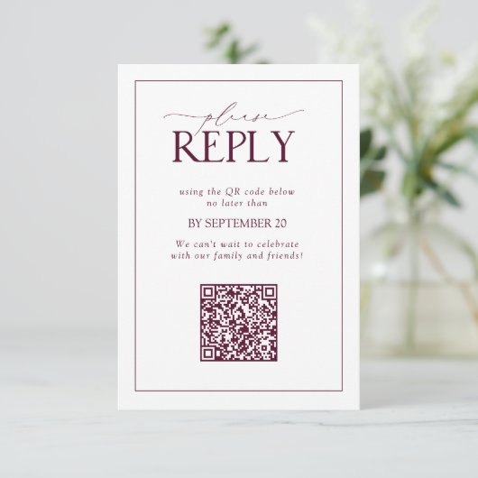Elegant Burgundy Wedding QR Code Please Reply RSVP Kaartje (Staand voorkant)