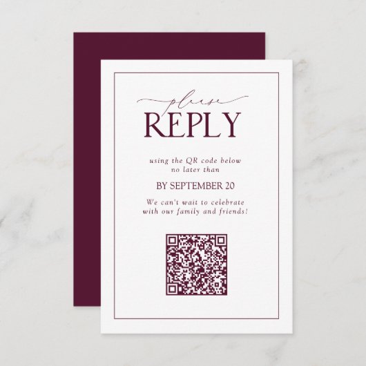 Elegant Burgundy Wedding QR Code Please Reply RSVP Kaartje (Voorkant / Achterkant)