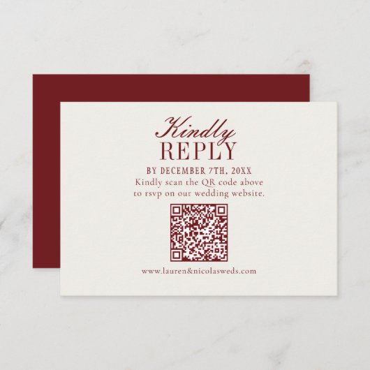 Elegant Burgundy Wedding QR Code RSVP Card (Voorkant / Achterkant)