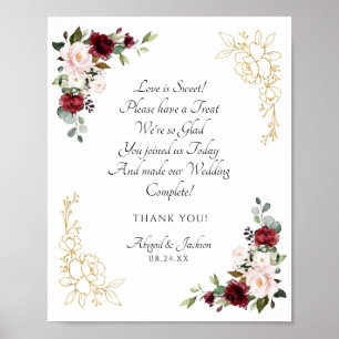 Elegant Burgundy Wedding Reception Treat Sign Poster
