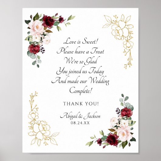Elegant Burgundy Wedding Reception Treat Sign Poster (Voorkant)
