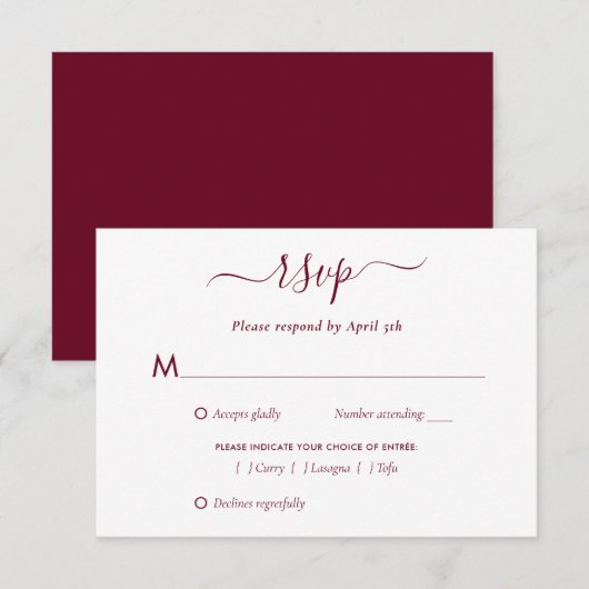 Elegant Burgundy Wedding RSVP Kaartje (Voorkant / Achterkant)