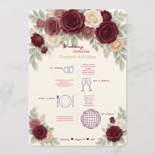 Elegant Burgundy Wedding Timeline Program Programmakaart (Voorkant)