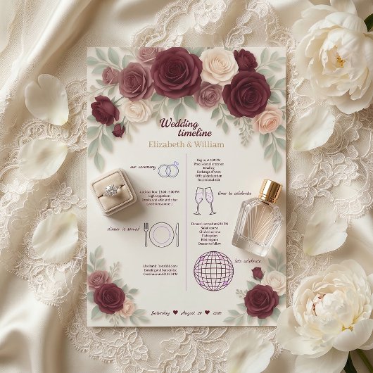Elegant Burgundy Wedding Timeline Program Programmakaart