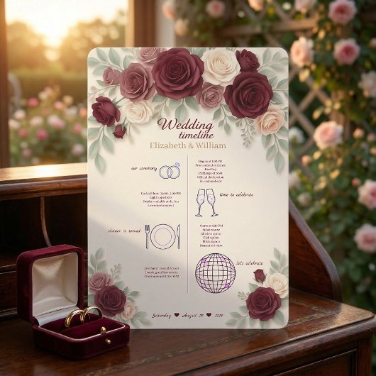 Elegant Burgundy Wedding Timeline Program Programmakaart