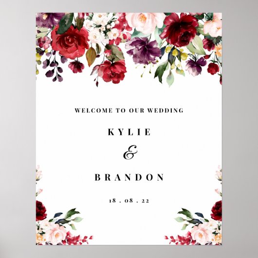 Elegant Burgundy Welcome Wedding Sign Poster (Voorkant)
