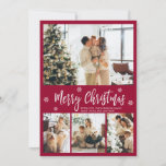 Elegant Burgundy White 4 Photo Collage Kerstmis Feestdagenkaart<br><div class="desc">Elegant, Modern Burgundy en White 4 Photo Collage Merry Kerstmis Script Holiday Card. Deze feestelijke, magische, minimalistische sjabloon met vier fotovakantiekaarten is voorzien van een fotocollage, een sneeuwvlok en zegt prettig kerstfeest! De tekst met de groet "Merry Kerstmis" is geschreven in een mooie witte kleur met de hand geschreven lettertype...</div>