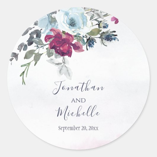 Elegant Burgundy White en Blue Rozen Wedding Ronde Sticker (Voorkant)