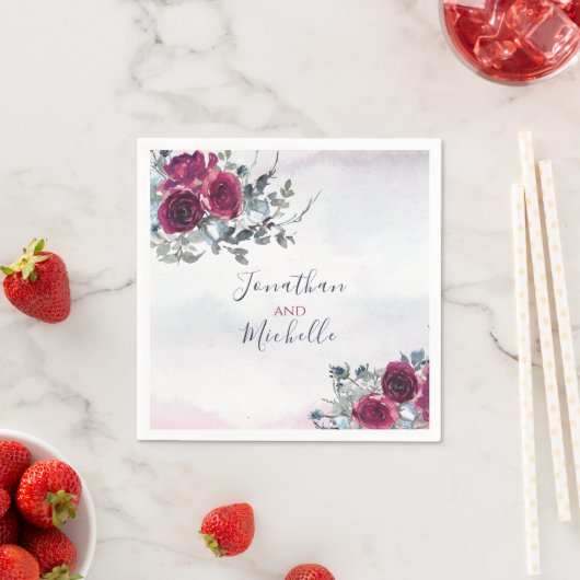 Elegant Burgundy White en Blue Rozen Wedding Servet (Insitu)