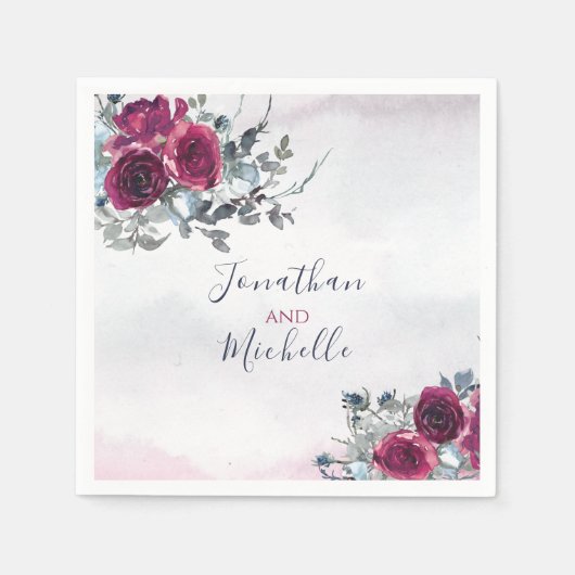 Elegant Burgundy White en Blue Rozen Wedding Servet (Voorkant)